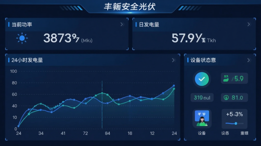 画面主体为“丰郅安全光伏”APP的实时监控界面截图,布局为仪表盘风格,上方显示当前功率与日发电量数字,下方为24小时发电量折线图与设备状态图标。整体风格简洁现代,蓝色科技色调,图表线条清晰,画质干净,无多余元素。