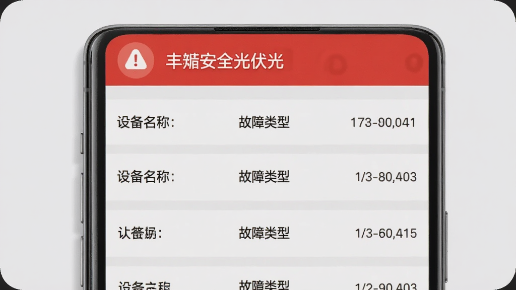 画面主体为“丰郅安全光伏”APP的告警通知页面,采用列表布局,每条告警包含设备名称、故障类型与时间戳,顶部有红色告警图标。背景为浅灰色,整体风格简洁明了,细节真实,画质干净,无多余元素。