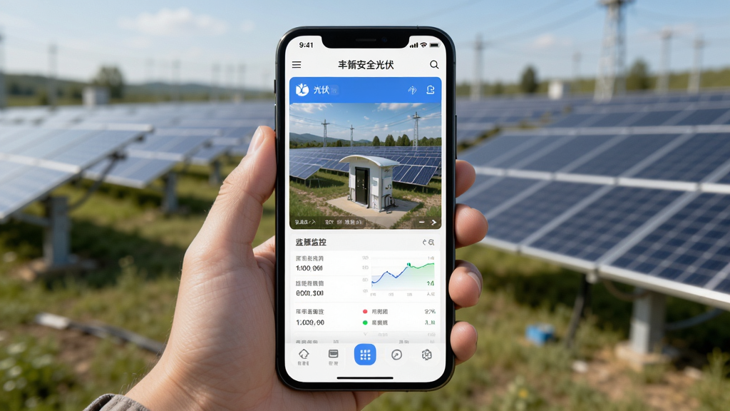 画面主体为“丰郅安全光伏”APP在手机上的实际使用场景,手机握在用户手中,屏幕显示电站监控画面,背景为户外光伏电站。布局为手持手机居中,环境光线自然,风格写实,画质清晰,细节丰富,无多余元素。