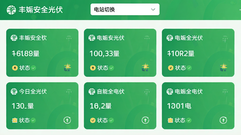 画面主体为“丰郅安全光伏”APP的多电站管理界面,采用网格卡片布局,每个卡片显示电站名称、今日发电量与状态图标,顶部有电站切换下拉菜单。整体风格清爽,绿色点缀,画质干净,无多余元素。