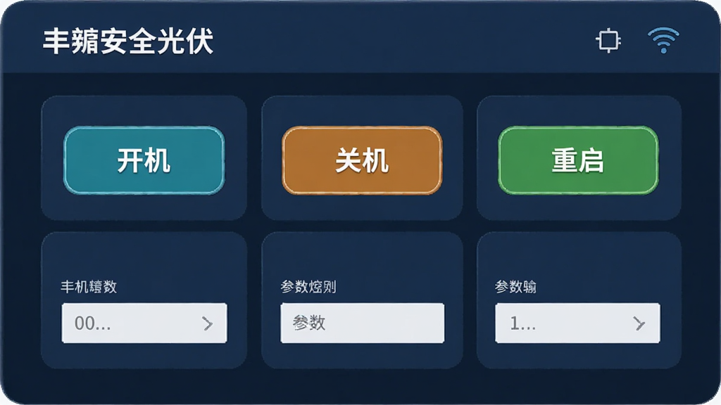 画面主体为“丰郅安全光伏”APP的远程控制面板,布局为卡片式设计,包含“开机”、“关机”、“重启”按钮与参数输入框。风格偏向工业感,深蓝色背景,按钮高亮显示,画质清晰,无多余元素。