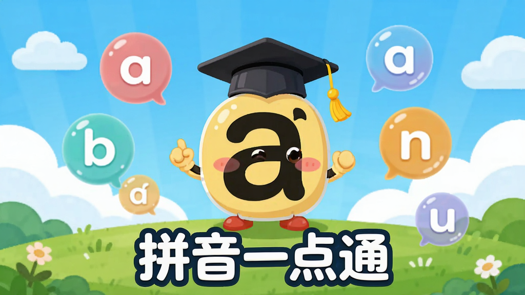 画面主体为“拼音一点通”卡通风格的APP启动界面,中央是一个戴着博士帽的可爱拼音字母“a”卡通形象,周围漂浮着彩色的声母、韵母气泡,背景是蓝天白云与草地,整体布局居中,排版简洁明快,采用扁平化插画风格,细节丰富,画质高清,干净无多余元素,界面中醒目显示“拼音一点通”字样。