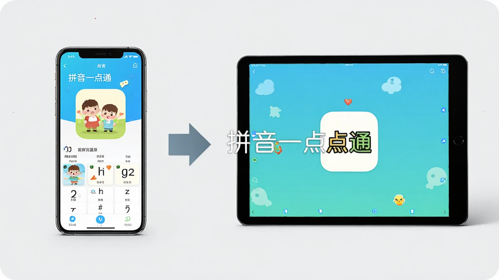图片主体为“拼音一点通”APP在手机和平板上的使用场景对比图,左侧是手机竖屏界面,右侧是平板横屏界面,中间有箭头图标,背景为浅灰色,布局为左右对比式,排版整洁,采用写实风格,细节真实,画质高清,无多余元素,图片中央有“拼音一点通”字样。