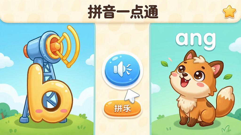 图片主体是“拼音一点通”APP内“趣味情景教学”功能界面截图,左侧是卡通化的声母“b”与广播塔形象,右侧是韵母“ang”与昂首的小动物,中间有互动点击按钮,布局为左右分栏,排版清晰,采用色彩明亮的卡通插画风格,细节圆润,画质干净,无多余元素,界面顶部显示“拼音一点通”名称。