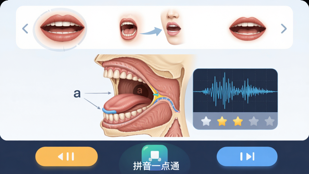 图片主体为“拼音一点通”APP的“标准发音领读”功能演示,中央是一个放大的口腔侧面剖面图,展示发“a”音时的舌头位置,旁边有发音波形图与跟读打分星星,布局为上下结构,上方是口型动画,下方是控制按钮,采用简洁的科技教育风格,细节精准,画质高清,无多余元素,底部有“拼音一点通”水印。