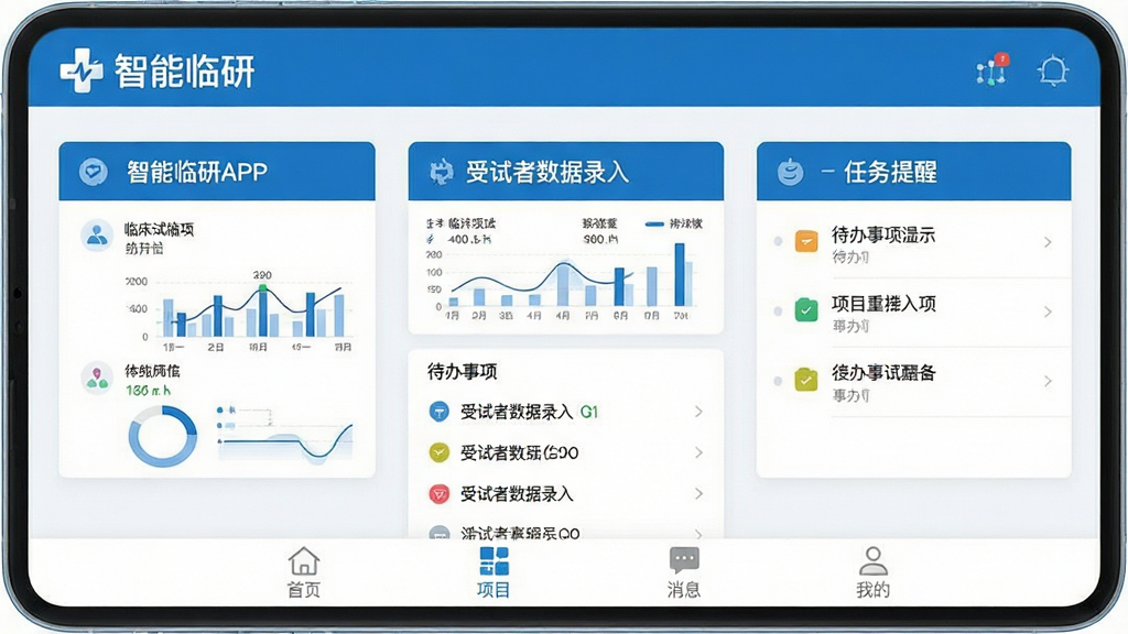 ��������APP�������ͼ��չʾ�ٴ�������Ŀ����������������¼�롢��������������Ĺ���ģ�飬�����������ҽ�Ʒ�񣬶�����ʾ���������С�logo���в�Ϊ������ͳ��ͼ���ʹ��������б����ײ�������������ҳ����Ŀ����Ϣ���ҵ��ĸ���ǩ�����岼�ּ��ֱ�ۣ��Ű������ִ���ƽ����Ʒ�񣬸߻��ʣ��ɾ����޶���Ԫ��