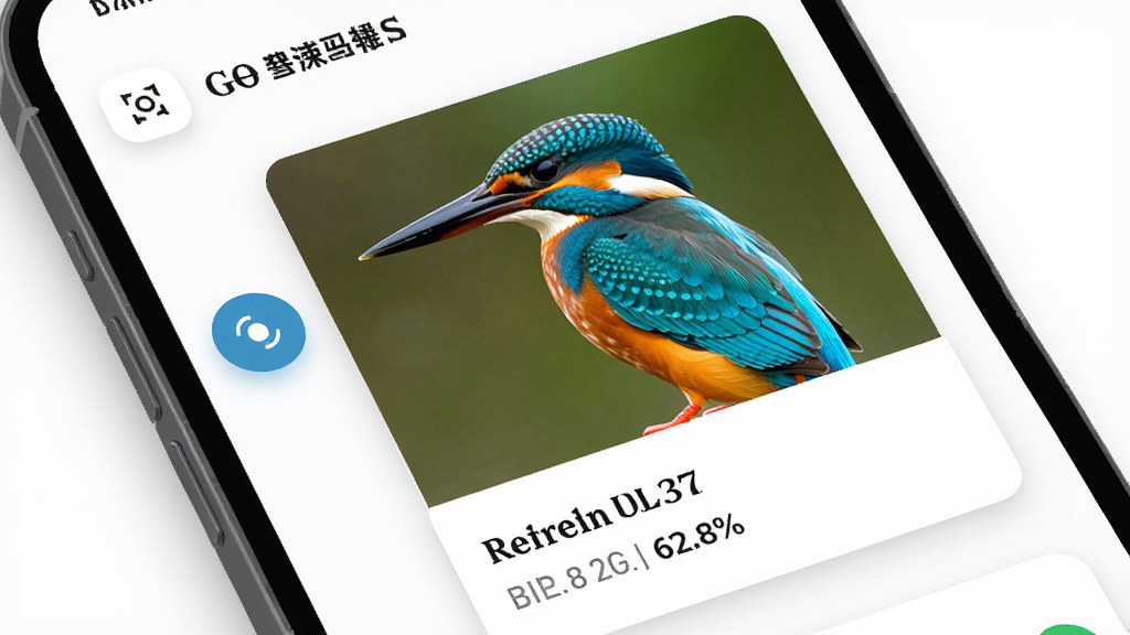����ΪGo BirdingӦ�ý������ֻ���Ļ��չʾ����ʶ����ҳ����Ļ������һֻɫ�����޵Ĵ�����Ƭ���·��г�ƥ�����������ŶȰٷֱȣ������ʶ��ťͼ�꣬����Ϊ�ֻ�����������д���Ű������������Ϊ�ִ���ƽ��UI��ƣ�ϸ�ڰ���Բ�ǿ�Ƭ�������Ӱ������Ϊ����ʸ���ʸУ�����ɾ��޶���Ԫ��