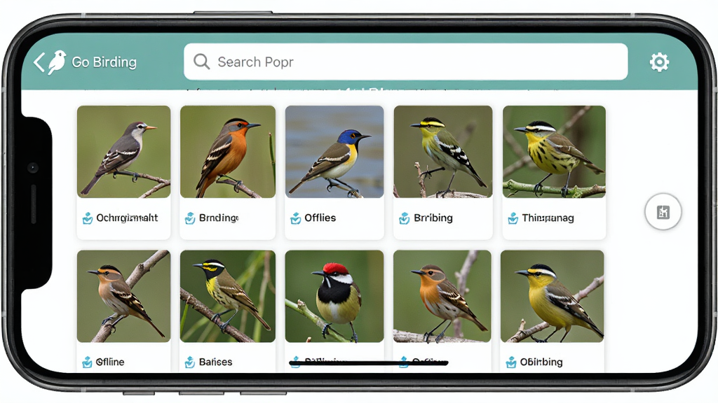 ����ΪGo BirdingӦ��ͼ����ѯ���棬��Ļ�Ϸ�Ϊ�������·�Ϊ�����б�����ÿ������չʾ������Ƭ�����ƣ�����Ϊ�ֻ��������棬����Ϊ����״���У��Ű��������򣬷��Ϊ�����б���ƣ�ϸ�ڰ������߱�ʶ���ţ�����Ϊ�������Ԥ��������ɾ��޶���Ԫ��