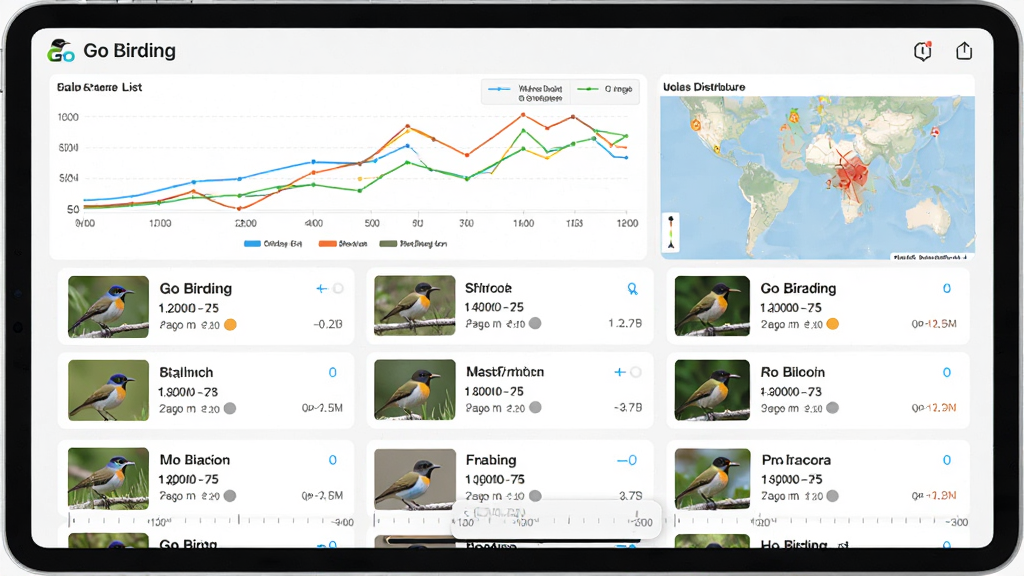 ����ΪGo BirdingӦ���ڵĹ����¼�б�ҳ�棬�Ϸ���ʾ����ͳ��ͼ��ص�ֲ���ͼ���·�Ϊ�����۲��¼��Ƭ��ÿ����¼������������ͼ�����������ڣ�����Ϊƽ�����չʾ���Ű���Ϣ�㼶���������Ϊ���ݿ��ӻ����ϸ�ڰ�����ɫͼ����ʱ���ᣬ����Ϊ��������ͼ�ʸУ�����ɾ��޶���Ԫ��