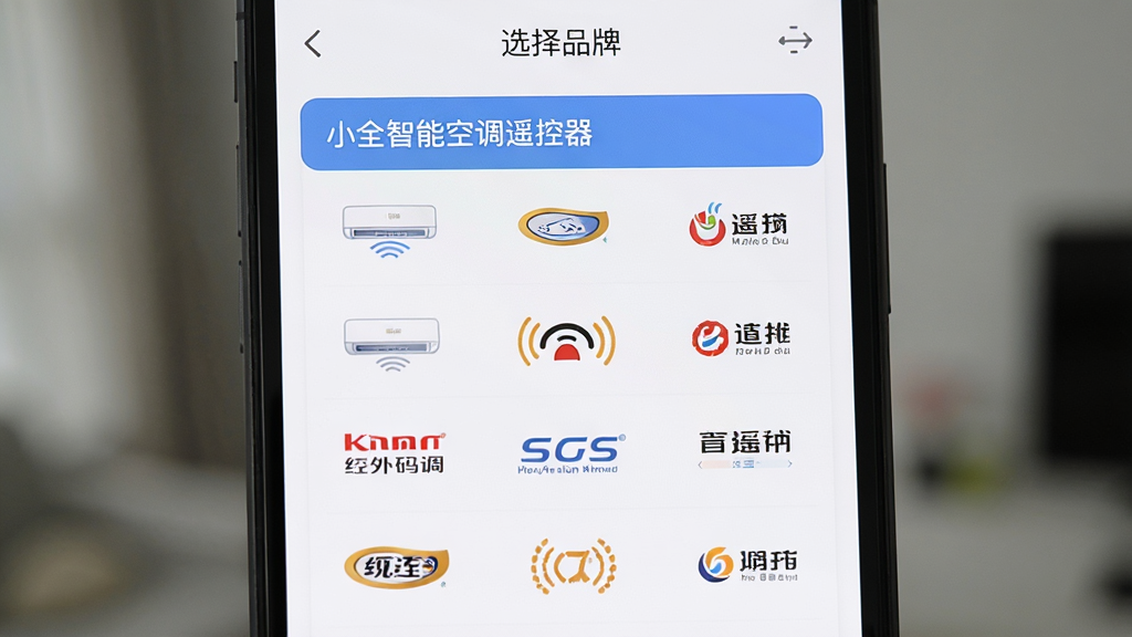 һ��չʾ�ֻ�APP�������ƥ����̵�ͼƬ������Ϊ�ֻ���Ļ����������ʾ��Сȫ���ܿյ�ң��������Ʒ��ѡ���б����б����������յ�Ʒ��Logo������Ϊ�������У��Ű����룬��������죬ϸ��ͻ�������������ɾ����޶���Ԫ�أ���Ļ�Ϸ��С�ѡ��Ʒ�ơ�������