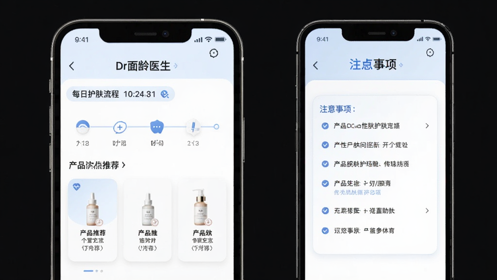 “Dr面龄医生”APP的个性化护肤方案展示界面,包含每日护肤流程时间轴、产品推荐卡片、注意事项列表,界面以白色和淡蓝色为主,排版整齐,风格清新专业,画质干净无多余元素
