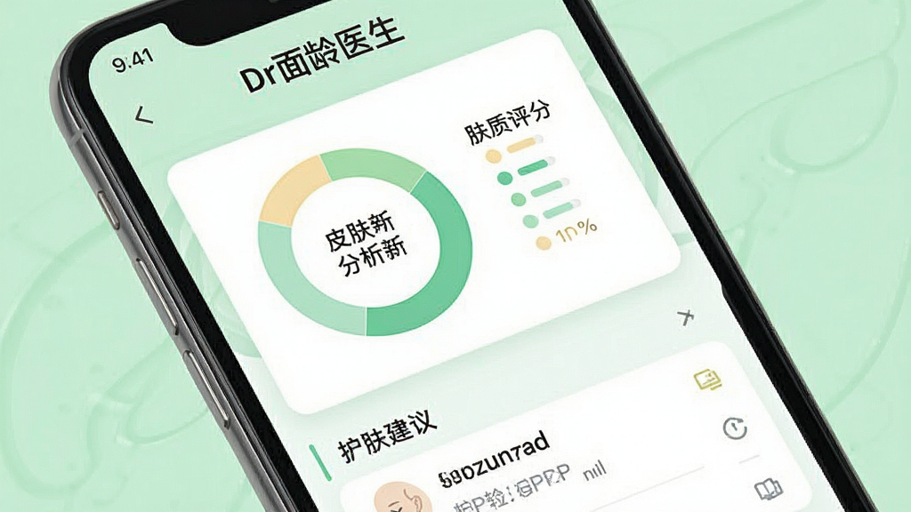 一张智能手机屏幕特写,屏幕中显示“Dr面龄医生”APP界面,界面布局清晰,包含皮肤分析结果环形图、肤质评分、护肤建议列表,背景是淡雅清新的浅绿色,整体风格医学专业且现代,画质干净无多余元素