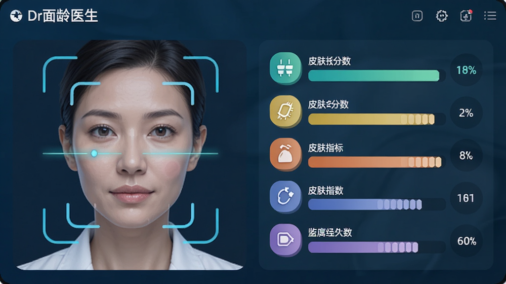“Dr面龄医生”软件界面中的AI分析结果页面,左侧为面部扫描示意图,右侧为各项皮肤指标分数条,色彩明亮,图标简洁,科技感强,画质干净无多余元素