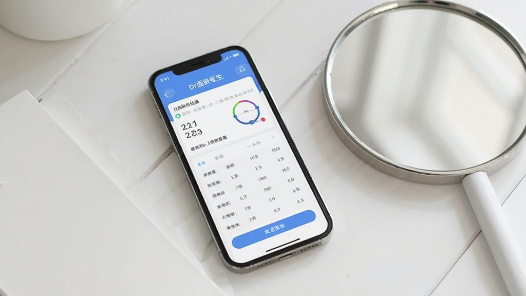 “Dr面龄医生”APP在手机上使用的场景图,手机屏幕显示分析结果,背景是干净整洁的桌面,手机旁边放着一面镜子,光线明亮,构图清晰,画质干净无多余元素