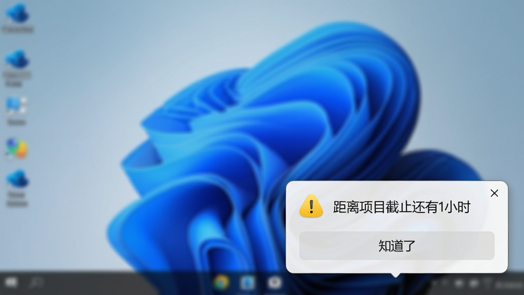 主体:电脑屏幕右下角弹出系统通知气泡,气泡上显示“距离项目截止还有1小时”,并带有黄色感叹号图标。布局:通知气泡在屏幕右下角,背景是模糊的桌面壁纸。排版:通知文字清晰,下方有“知道了”按钮。风格:Windows 10/11风格通知中心样式。细节:通知卡片有圆角、阴影,图标精致。画质:高分辨率,干净,无多余元素。