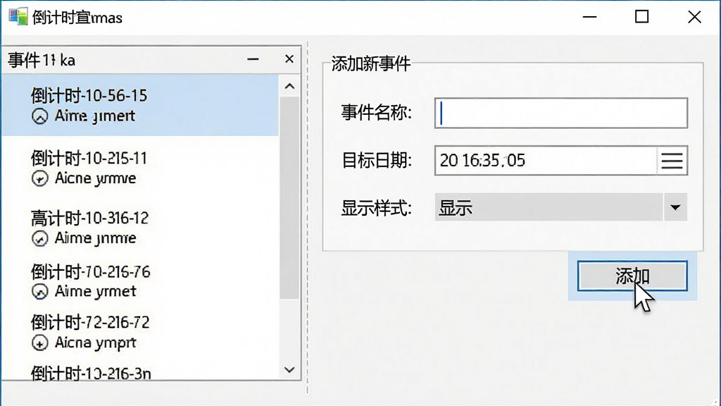 主体:桌面倒计时软件主界面截图风格,左侧列表显示多个倒计时事件,右侧为添加新事件的表单。布局:左右分栏,左侧为事件列表,右侧为输入区域。排版:表单包含“事件名称”、“目标日期”、“显示样式”选项。风格:简洁的Windows软件界面,白底灰框。细节:鼠标指针悬停在“添加”按钮上,界面有淡蓝色高亮。画质:清晰,干净,无多余元素。