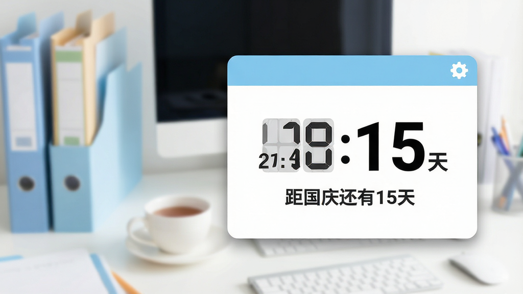 主体:电脑桌面背景前,一个精致的悬浮倒计时窗口,窗口上显示“距国庆还有15天”的中文文字,数字部分特别大且醒目。布局:倒计时窗口位于画面中央偏右,背景是简洁的办公桌面,有模糊的文件夹和茶杯。排版:文字居中,数字采用大号加粗字体,日期文字较小。风格:扁平化UI设计,色彩清新,浅蓝与白色搭配。细节:窗口带有轻微阴影,边缘圆角,右上角有设置齿轮图标。画质:高清,干净,无多余元素。