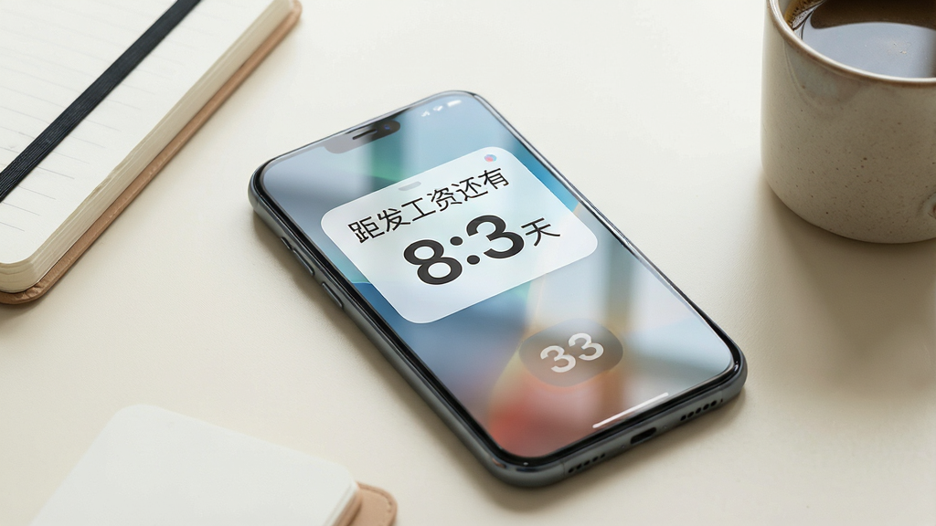 主体:一部智能手机屏幕朝上放置在桌上,屏幕上显示桌面小组件倒计时“距发工资还有3天”,背景是手机默认壁纸。布局:手机位于画面中央,周围有笔记本和咖啡杯。排版:小组件文字清晰,数字大而醒目。风格:写实风格,浅色背景。细节:手机边框圆润,屏幕有轻微反光。画质:高清,干净,无多余元素。
