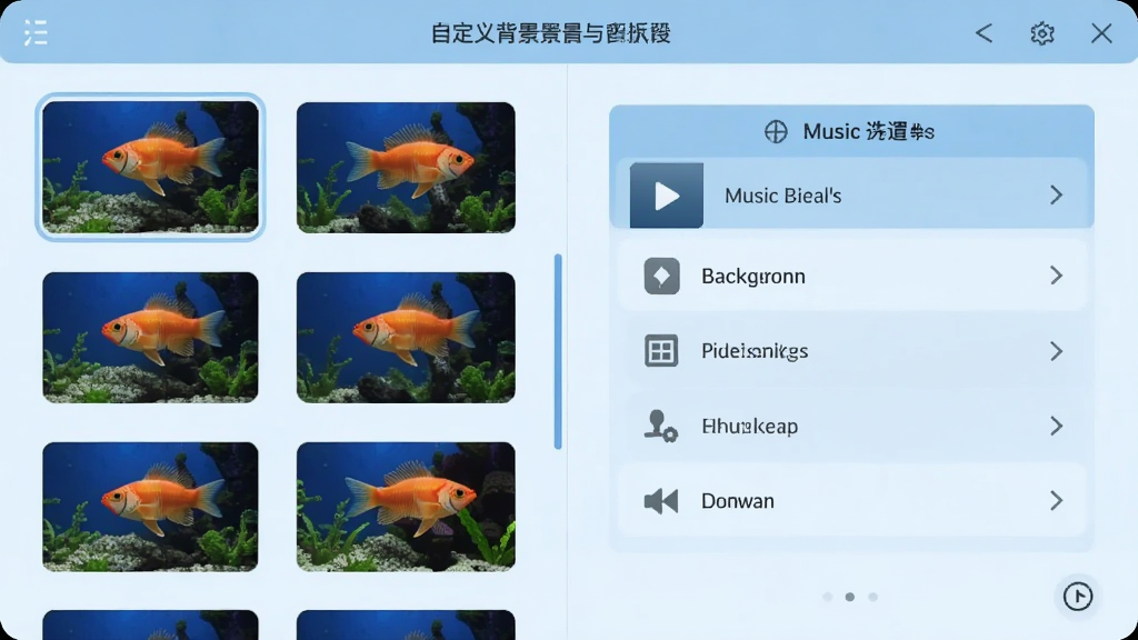 鱼缸屏保自定义背景与音乐设置面板,左侧是背景缩略图列表,右侧是音乐选择框,界面浅蓝色调,风格简约,布局合理,细节清晰,画质干净,无多余元素
