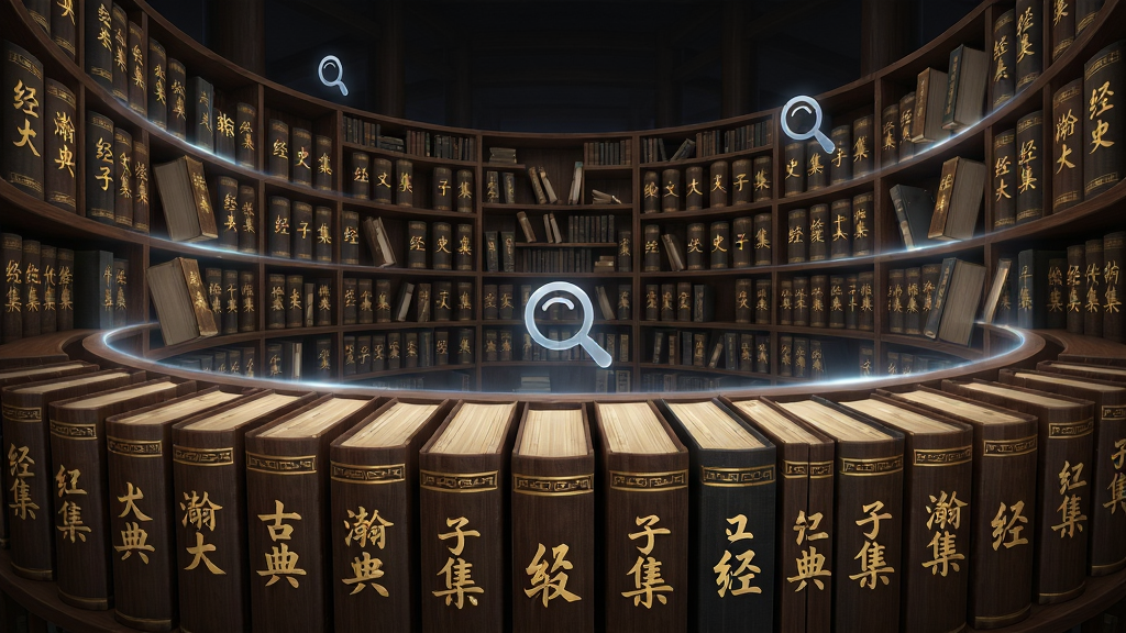 主体为瀚文大典古籍库的虚拟书架全景,书架呈环形排列,每层书脊上印有“经、史、子、集”等金色汉字。布局为广角透视,书架从近景延伸至远景,营造深邃的空间感。排版采用对称式构图,书脊上的文字清晰可读,部分书本微微抽出。风格古雅庄重,结合现代数字光效,细节包括书本间的微弱光晕和悬浮的搜索图标。画质精细,干净无多余元素。