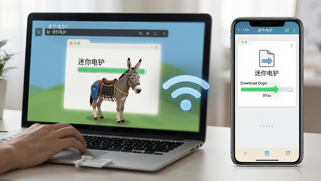 主体:用户正在使用迷你电驴下载文件,手机和电脑屏幕上都显示下载进度。布局:左侧为电脑,右侧为手机,中间有WiFi信号图标。排版:对比明显。风格:写实风格,光线柔和。细节:屏幕上有“迷你电驴”字样,下载进度条接近完成。画质:高清,干净,无多余元素。