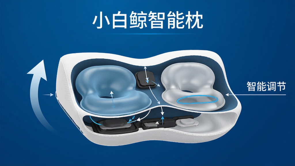 主体:小白鲸智能枕的侧面透视结构图,展示内部气囊和传感器。布局:枕头居中,左侧有动态箭头指示升降,右侧标注“智能调节”。排版:产品结构图风格,文字“小白鲸智能枕”置于顶部。风格:科技蓝背景,白色线条和标注,简洁明了。细节:气囊膨胀和收缩的对比效果。画质:高清,干净,无多余元素。