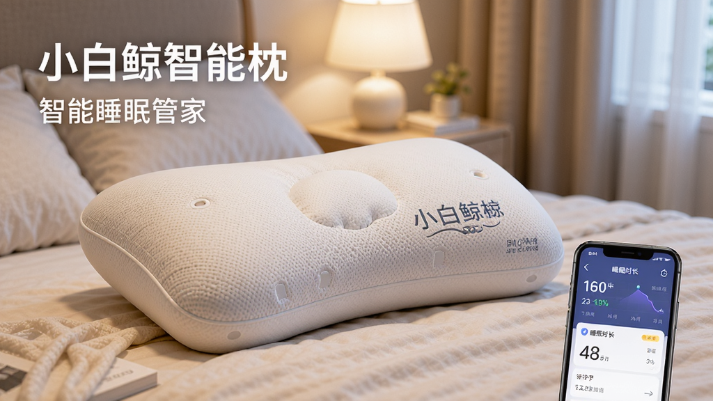 主体:小白鲸智能枕产品展示图,枕头放置在整洁的卧室床上,旁边有手机App界面显示睡眠数据。布局:枕头居中,手机界面在右下角,背景是柔和的卧室灯光和浅色床品。排版:简洁清晰,突出枕头和App界面,文字标注“小白鲸智能枕”和“智能睡眠管家”。风格:现代科技感,画面干净明亮,色彩柔和。细节:枕头表面有细微的纹理,App界面显示睡眠时长和评分。画质:高清,干净,无多余元素。