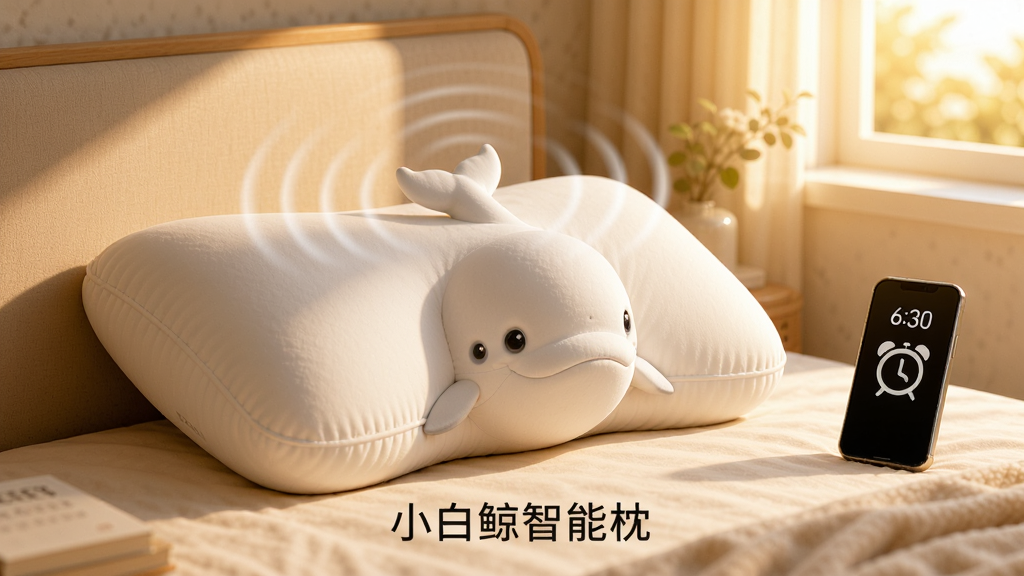 主体:清晨卧室场景,小白鲸智能枕微微震动,旁边手机显示闹钟图标和“6:30”时间。布局:枕头居中,手机在右侧,窗外阳光洒入。排版:温馨生活风格,文字“小白鲸智能枕”置于画面下方。风格:暖色调,柔和光线,舒适氛围。细节:枕头上方有细微的震动波纹,手机屏幕有音符图标。画质:高清,干净,无多余元素。