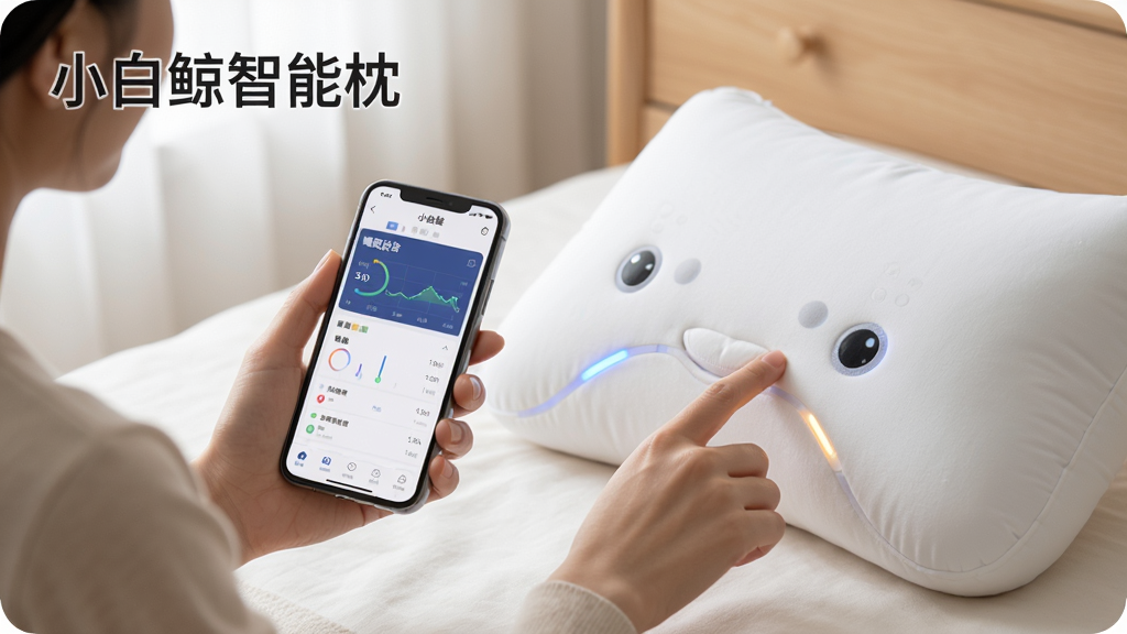 主体:用户手持手机正在操作小白鲸智能枕App,另一只手触摸枕头。布局:用户半身像在左侧,枕头在右侧,手机屏幕清晰显示睡眠数据。排版:场景化使用教学风格,文字“小白鲸智能枕”置于左上角。风格:生活化,明亮光线,真实感。细节:手机界面显示“睡眠报告”,枕头表面有指示灯亮起。画质:高清,干净,无多余元素。
