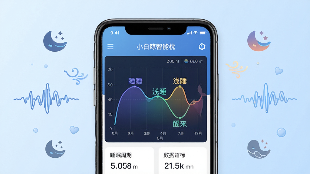 主体:手机App中展示小白鲸智能枕的睡眠监测报告界面,包含睡眠周期图表和数据指标。布局:手机屏幕居中,周围有睡眠图标和呼吸波形装饰。排版:UI界面风格,顶部显示“小白鲸智能枕”,图表为彩色曲线。风格:简洁现代,背景为浅蓝色渐变。细节:图表标注深睡、浅睡、醒来时间段。画质:高清,干净,无多余元素。