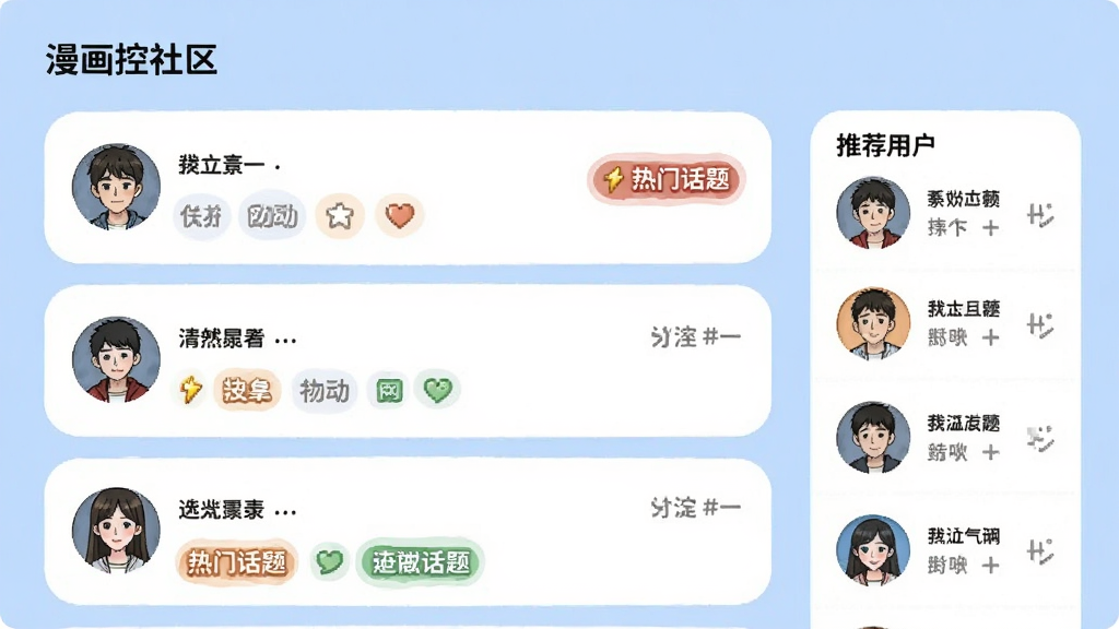 漫画控社区界面,主体为讨论区帖子列表,头像与昵称可见,有热门话题标签,右侧有推荐用户栏,背景为浅蓝色,卡片圆角设计,布局舒适,细节丰富,画质干净