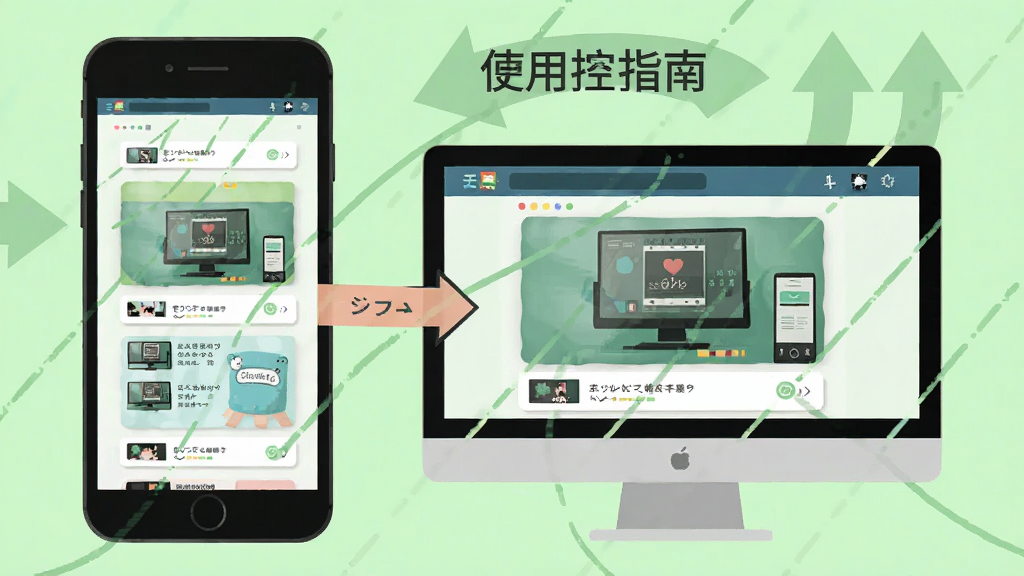 漫画控使用指南示意图,主体为手机与电脑并排展示,屏幕中显示相同界面,背景为浅绿色,有箭头指示同步功能,风格扁平化,细节清晰,画质干净