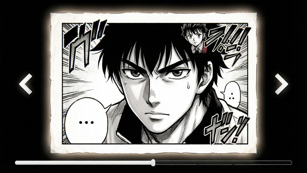 漫画控阅读界面,主体为漫画单页显示,画面清晰,两侧有翻页箭头,底部有进度条,背景为黑色,页面边缘有柔和光晕,画质干净,细节丰富