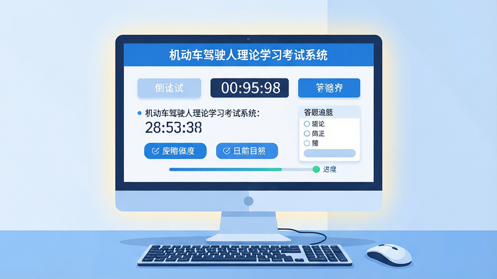 主体:电脑屏幕展示“机动车驾驶人理论学习考试系统”的模拟考试界面,包含倒计时和答题卡。布局:屏幕居中,周围有柔和的光晕,下方放置键盘和鼠标。排版:界面简洁,按钮清晰。风格:现代扁平插画风,蓝白主色调。细节:题目文字清晰,选项按钮高亮,进度条显示答题状态。画质:高清渲染,画面干净,无多余元素。