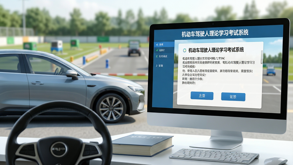 主体:一辆现代汽车与电脑屏幕上的驾考软件界面相结合,屏幕中显示“机动车驾驶人理论学习考试系统”字样和模拟答题画面。布局:左侧为汽车侧影,右侧为电脑屏幕特写,前景有方向盘和书本。排版:居中构图,软件界面清晰可辨。风格:写实科技风,明亮自然光,色彩清新。细节:屏幕中的题目文字清晰,界面按钮完整,背景有模糊的驾驶训练场。画质:4K超高清,干净整洁,无多余元素。
