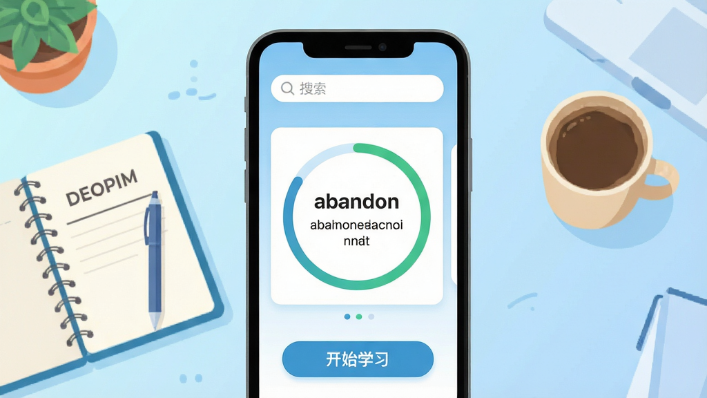 主体:一款名为“我爱背单词”的英语学习软件界面,手机屏幕显示单词卡片与进度环,背景为淡蓝色渐变的书桌,摆放着笔记本和咖啡杯;布局:居中构图,软件界面清晰可见,卡片上写着“abandon”及释义;排版:界面简洁,顶部有搜索栏,底部有“开始学习”按钮;风格:扁平化插画风格,色彩清新明亮,细节丰富,画质高清,干净无多余元素