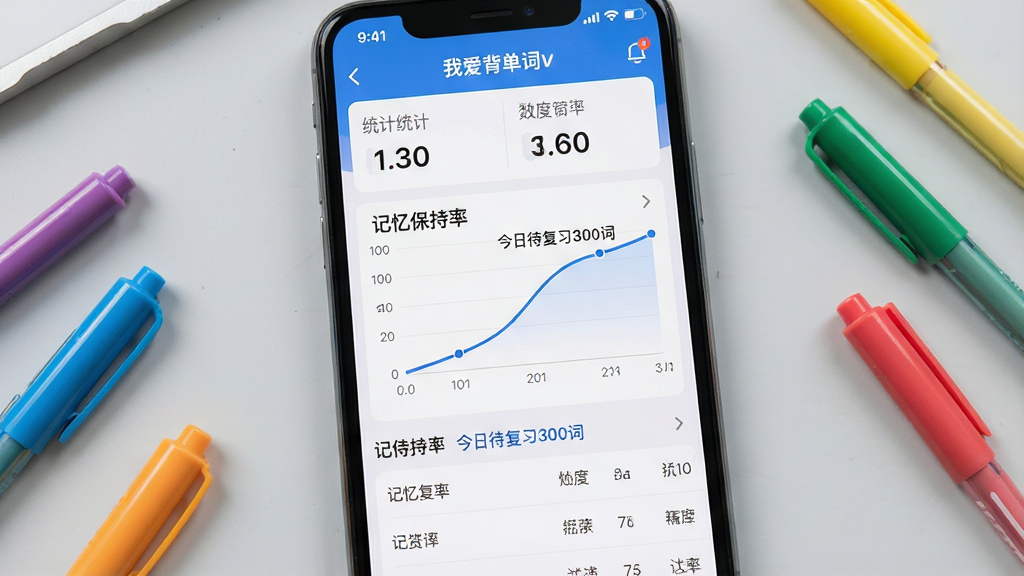主体:手机屏幕展示“我爱背单词”的复习计划界面,曲线图表显示记忆保持率,旁边有“今日待复习300词”的提示;布局:手机居中,背景为浅灰色桌面,周围散落几支彩色笔;排版:界面分为上方统计区与下方单词列表,清晰有序;风格:真实产品截图风格,光照明亮,细节锐利,画质干净,无多余元素