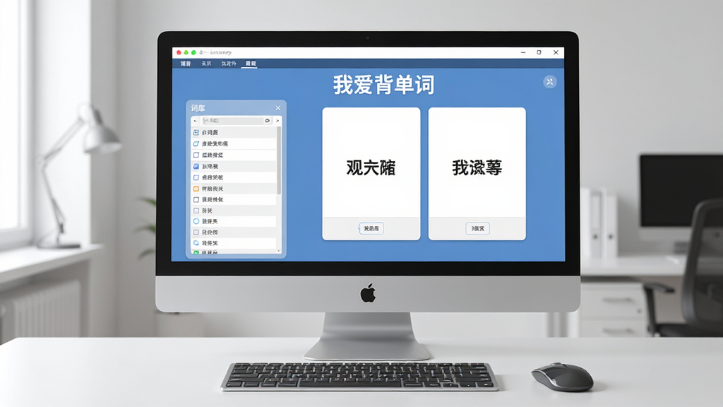 主体:电脑屏幕上显示“我爱背单词”的桌面版界面,左侧为词库列表,右侧为单词卡片,周围有键盘和鼠标;布局:电脑位于画面中央,背景为简洁的办公室环境,光线柔和;排版:界面分为三栏,顶部有菜单栏;风格:写实风格,细节清晰,色彩自然,画质干净,无多余元素