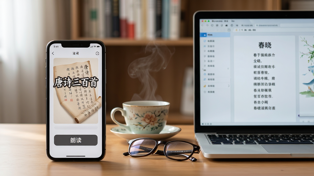 主体:一部智能手机和一台笔记本电脑并排放在书桌上,手机屏幕显示“唐诗三百首”APP,电脑屏幕显示诗词详情。布局:手机在左,电脑在右,中间有茶杯和眼镜,背景是书架。排版:手机屏幕内容特写,电脑屏幕内容可辨,整体呈水平构图。风格:写实摄影风格,自然光。细节:手机屏幕上有“朗读”按钮,电脑屏幕上显示“春晓”全诗,茶杯中有热气。画质:高清,干净,无多余元素。