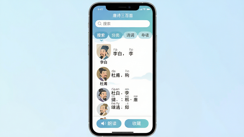 主体:智能手机屏幕显示“唐诗三百首”APP界面,左侧是诗人列表,右侧是诗词详情。布局:手机居中,屏幕内容清晰可见,背景为淡蓝色渐变。排版:界面顶部有搜索栏,中间是分类标签,底部是诗句文字。风格:现代扁平化设计风格,配色清新淡雅。细节:屏幕中显示“李白”、“杜甫”等诗人头像,诗句旁有拼音标注,底部有“朗读”和“收藏”按钮。画质:高清渲染,文字锐利,干净无多余元素。
