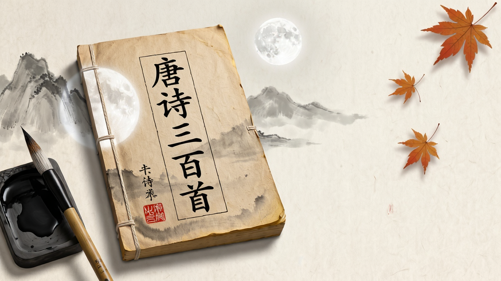 主体:一本古风线装书封面写着“唐诗三百首”五个大字,旁边摆放着毛笔和砚台,背景是远山与明月。布局:书籍置于画面中央偏左,右侧留白处点缀几片飘落的枫叶,整体呈横向构图。排版:书名采用竖排繁体楷体,封面纹理清晰可见,落款处有红色印章。风格:中国传统水墨画风,淡雅宣纸底色,墨色晕染自然。细节:书页边缘微微泛黄,毛笔笔尖沾有墨汁,砚台中有未干的墨液,月光洒在书脊上。画质:8K超清,细节丰富,干净无多余元素。
