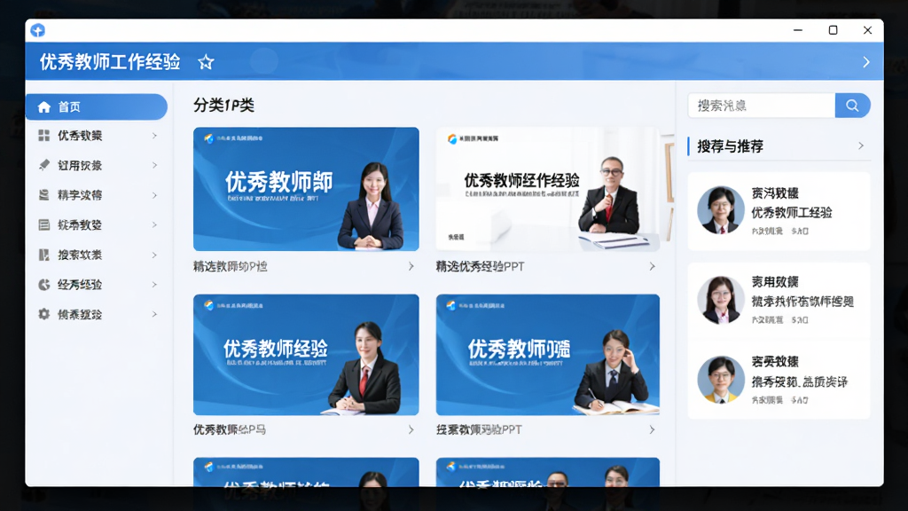 图片展示《优秀教师工作经验》软件主界面,左侧为分类导航栏,中间展示精选优秀教师经验PPT封面缩略图,右侧为搜索与推荐模块,整体采用简洁明亮的蓝白配色,扁平化设计,界面干净无多余元素,画质清晰,突出软件的专业与实用感。