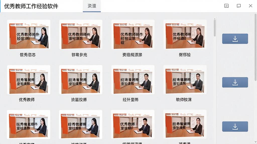 展示《优秀教师工作经验》软件的资源库界面,屏幕上整齐排列着多个PPT文件缩略图,每个缩略图标注主题名称,右侧有下载按钮,背景为淡灰色,界面布局清晰,排版规整,风格简约商务,细节丰富,画质干净。