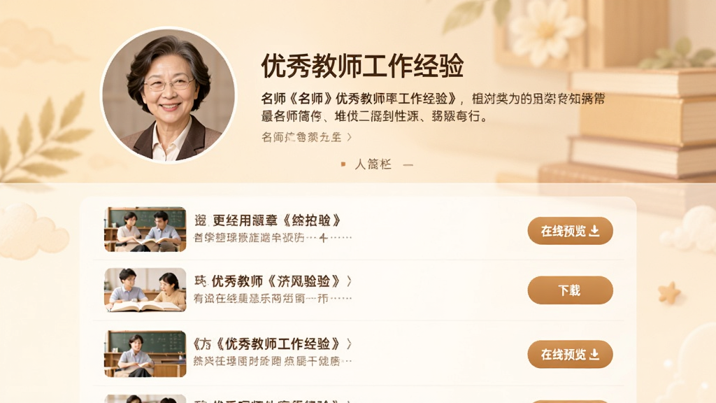 展示《优秀教师工作经验》的名师专栏页面,页面顶部为名师头像与简介,下方为其文章列表,配有“在线预览”和“下载”按钮,整体设计采用暖色调,风格亲和,画质细腻。