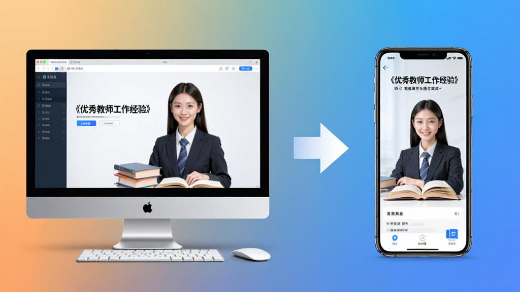 展示《优秀教师工作经验》软件在电脑和手机上的运行对比图,左侧为电脑端界面,右侧为手机端界面,中间用箭头连接,背景为渐变色,画质清晰,风格现代,无多余文字。