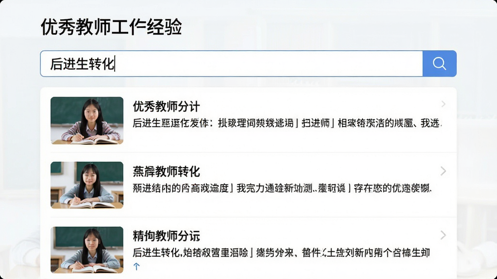 展示《优秀教师工作经验》的搜索功能界面,搜索框内输入“后进生转化”,下方展示搜索结果列表,每条结果带有缩略图和简介,界面风格清爽,文字清晰,画质干净,无多余装饰。