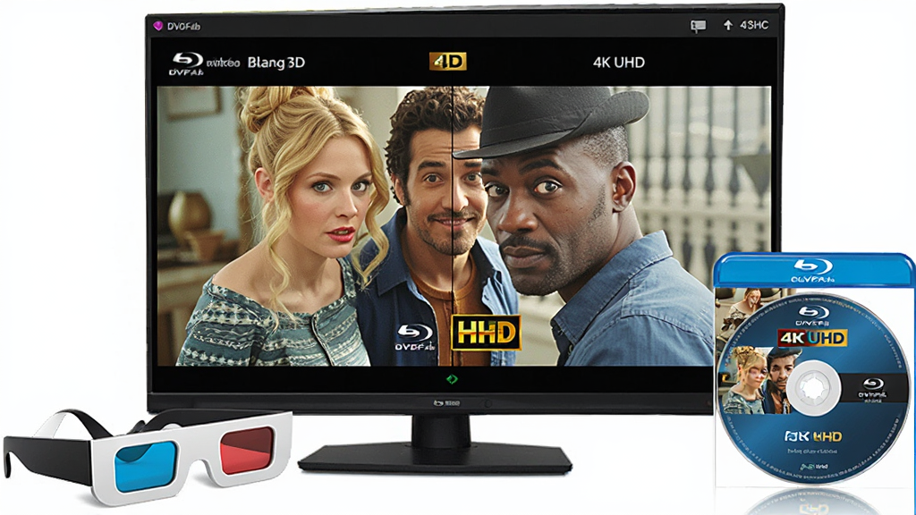 DVDFab处理蓝光3D与4K UHD界面,屏幕显示超高清画质对比图,周边有3D眼镜和蓝光光盘,布局开阔,风格科技感,细节体现色彩鲜艳,画质极佳,干净无多余元素