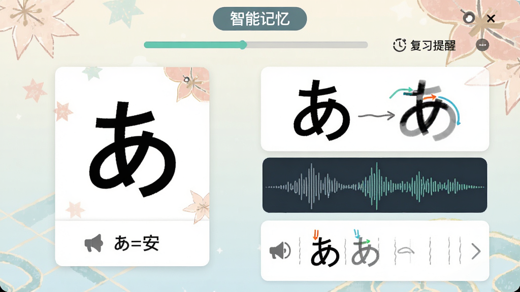 主体:日语五十音速成一日通软件的智能记忆引擎界面,展示假名“あ”的联想图形和笔顺动画;布局:左侧为假名卡片,右侧为联想图画和发音波形图;排版:顶部有“智能记忆”标签,下方有进度条和复习提醒;风格:现代扁平化设计,搭配日式淡彩;细节:屏幕上有“あ=安”的标注,还有小喇叭图标和手写练习区域;画质:清晰,无多余元素