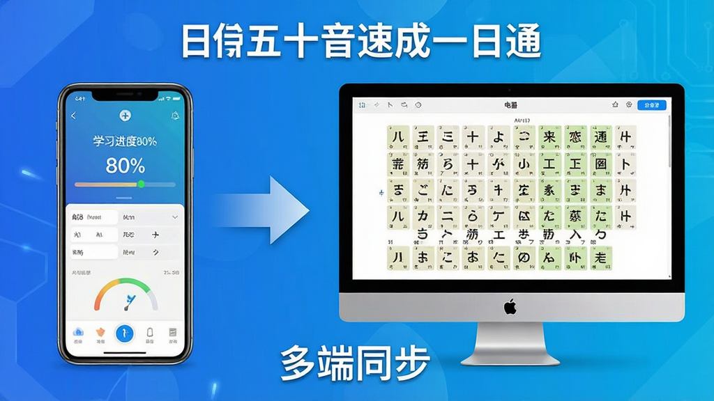 主体:日语五十音速成一日通软件在手机和电脑上的使用场景对比图;布局:左半部分为手机竖屏界面,右半部分为电脑横屏界面;排版:中间用箭头连接,底部有“多端同步”字样;风格:现代科技感,背景为渐变蓝色;细节:手机界面显示“学习进度80%”,电脑界面显示五十音图表格;画质:清晰,无多余元素