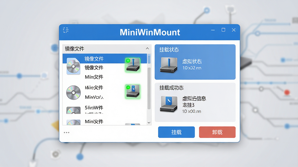 主体:一款名为“MiniWinMount”的软件界面悬浮在电脑屏幕中央,界面简洁现代,主色调为蓝色和白色;布局:界面左侧是镜像文件列表,右侧是挂载状态和虚拟光驱信息,底部有“挂载”“卸载”两个按钮;排版:信息层级清晰,图标和文字搭配合理,软件名称“MiniWinMount”以醒目字体显示在界面顶部;风格:扁平化设计,科技感十足,背景为浅灰色渐变;细节:镜像文件图标带有光盘纹理,挂载成功后虚拟光驱图标亮起绿色指示灯;画质:高清渲染,干净,无多余元素。